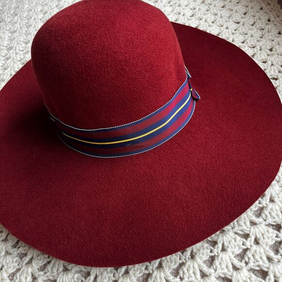 Vintage 70s Betmar Red Wool Wide Brim Hat with Striped Bow Ribbon - Picture 2 of 6